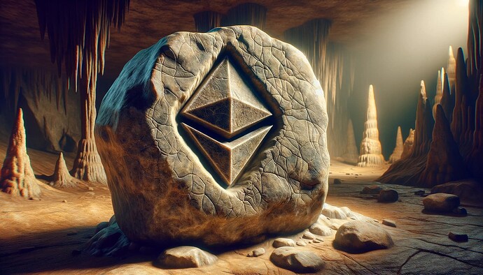 DALL·E 2024-06-05 14.58.08 - A highly realistic illustration of a rock with the Ethereum symbol fossilized into it, set in a cave. The rock should appear weathered and ancient, wi